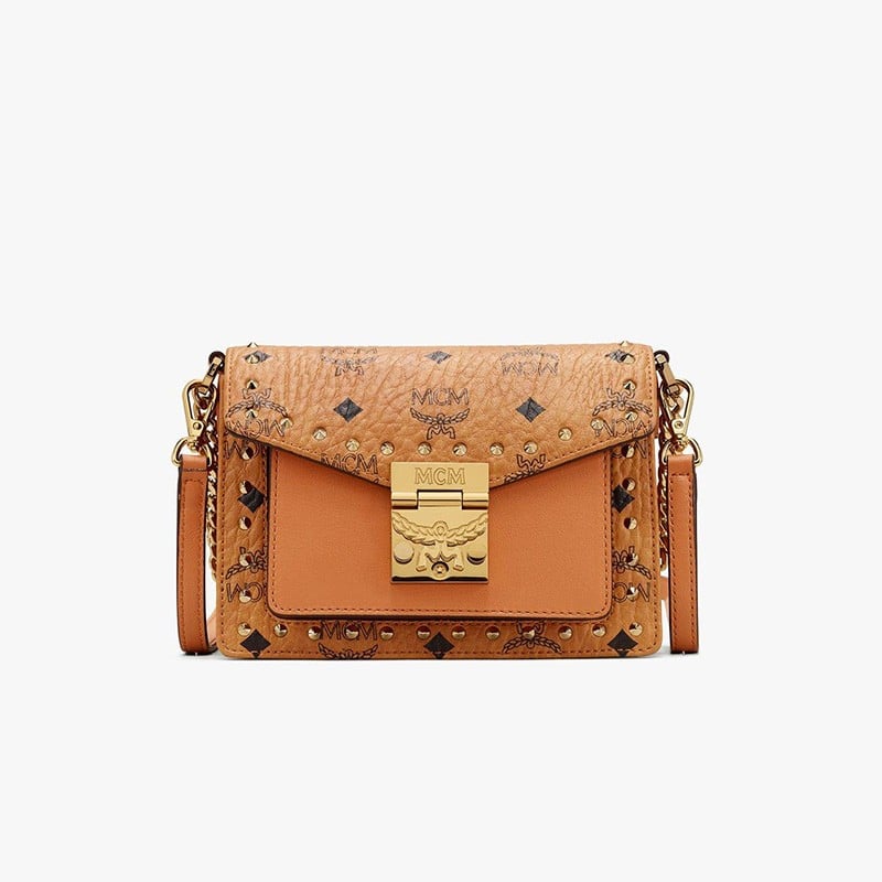 MCM Mini Patricia Studded Visetos Crossbody In Brown