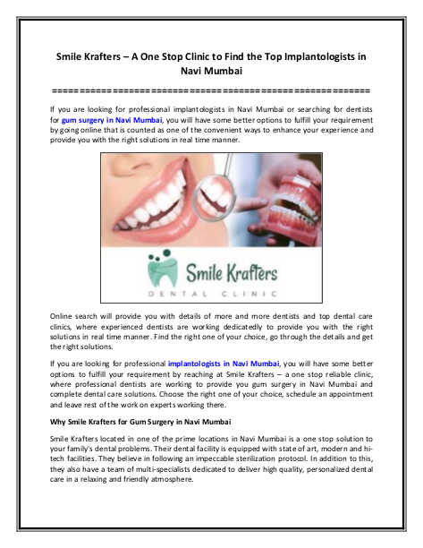 Smile Krafters – A One Stop Clinic to Find the Top Implantologists in Navi Mumbai | edocr
