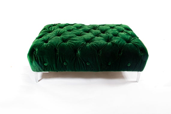 Velvet Chesterfield Pouffe Footstool - Green Velvet Ottoman - Handmade Upholstered Bench Rest - Hallway Seat - Classic Deep Buttoned Pouf