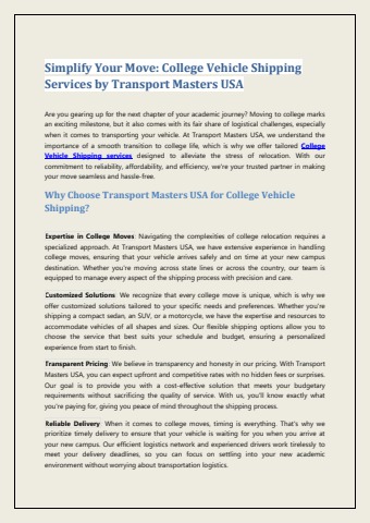College Vehicle Shipping Services by Transport Masters USA