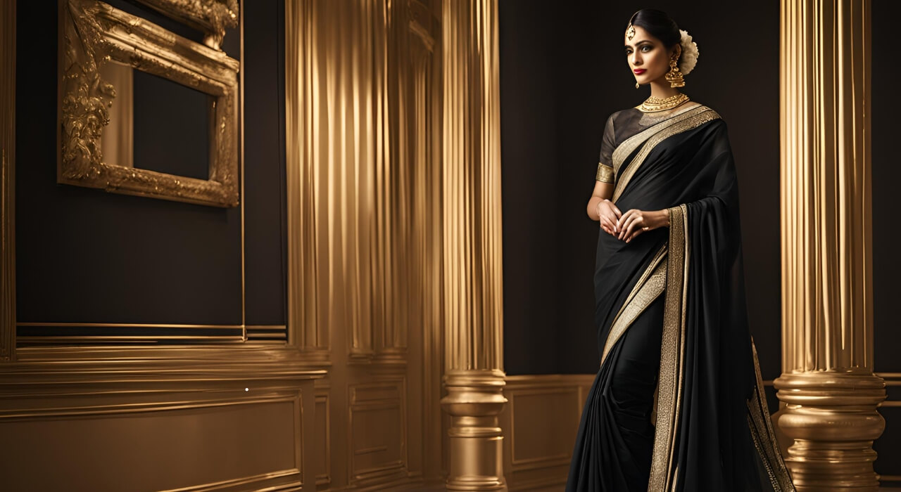 Elegant Black Sarees with Golden Borders | Plain & Organza Styles