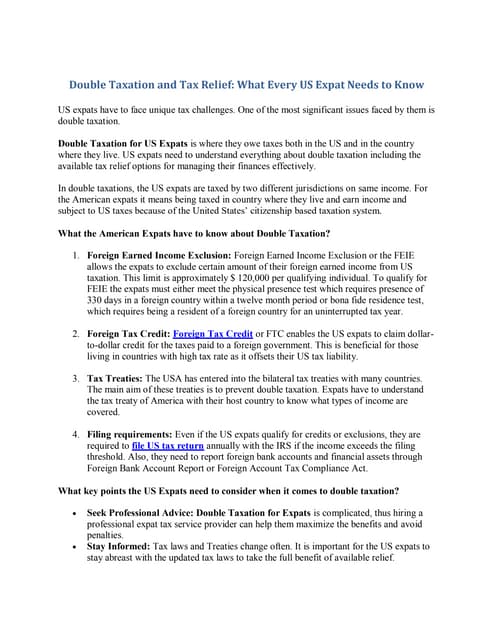 Double Taxation and Tax Relief - What Every US Expat Needs to Know | PDF | Free Download