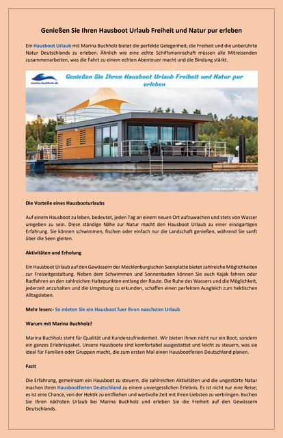 Entspannte Ferien auf dem Wasser Hausboot Urlaub jetzt planen | PDF